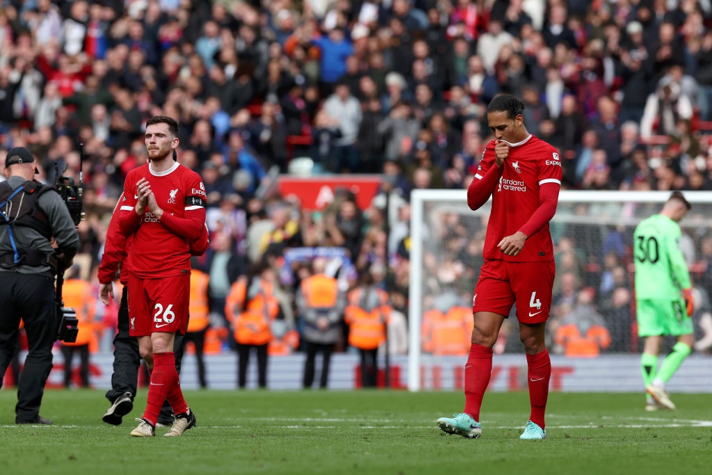 LIVERPOOL, ENGLAND - APRIL 14: Virgil van Dijk of Liverpool looks dejected after the teams defeat in the Premier League match between Liverpool FC and Crystal Palace at Anfield on April 14, 2024 in Liverpool, England. (Photo by Michael Steele/Getty Images)