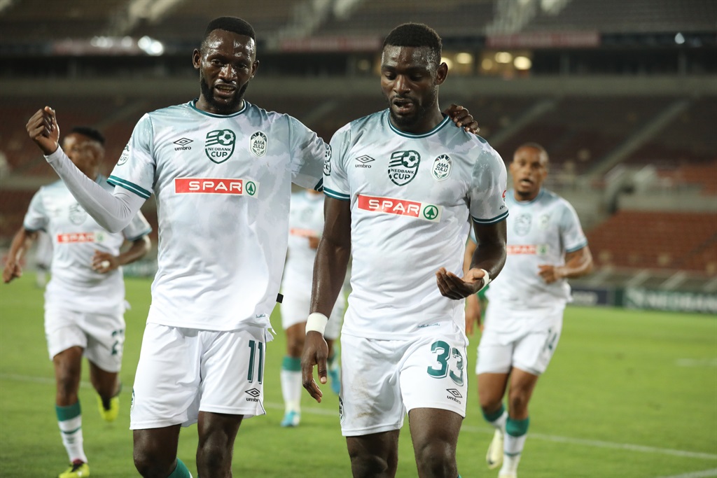 POLOKWANE, SOUTH AFRICA - MARCH 14: Junior Dion of AmaZulu FC celebrates their first goal with his team mates during the Nedbank Cup, Last 16 match between Sekhukhune United and AmaZulu FC at Peter Mokaba Stadium on March 14, 2024 in Polokwane, South Africa. (Photo by Philip Maeta/Gallo Images)
