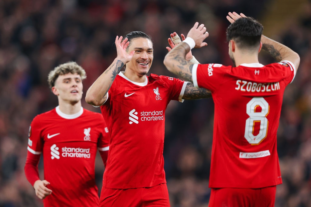 LIVERPOOL, ENGLAND - MARCH 14: Darwin Nunez of Liverpool celebrates after scoring his sides first goal during the UEFA Europa League 2023/24 round of 16 second leg match between Liverpool FC and AC Sparta Praha at Anfield on March 14, 2024 in Liverpool, England. (Photo by James Gill - Danehouse/Getty Images)