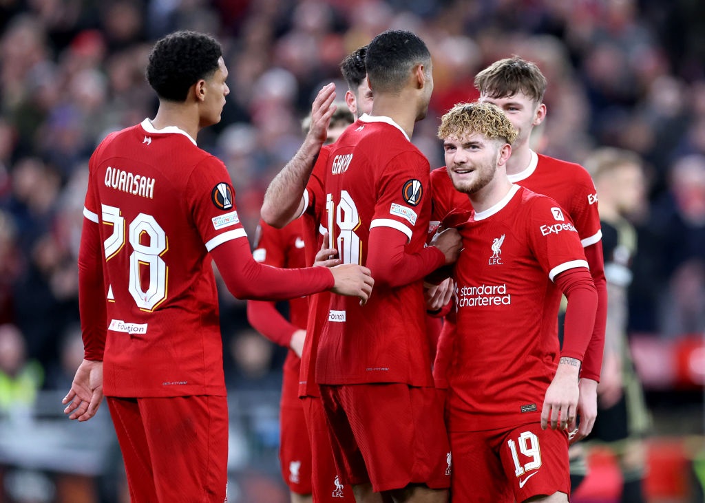 LIVERPOOL, ENGLAND - MARCH 14: Cody Gakpo of Liverpool celebrates scoring his teams sixth goal with teammates during the UEFA Europa League 2023/24 round of 16 second leg match between Liverpool FC and AC Sparta Praha at Anfield on March 14, 2024 in Liverpool, England. (Photo by Alex Livesey/Getty Images)
