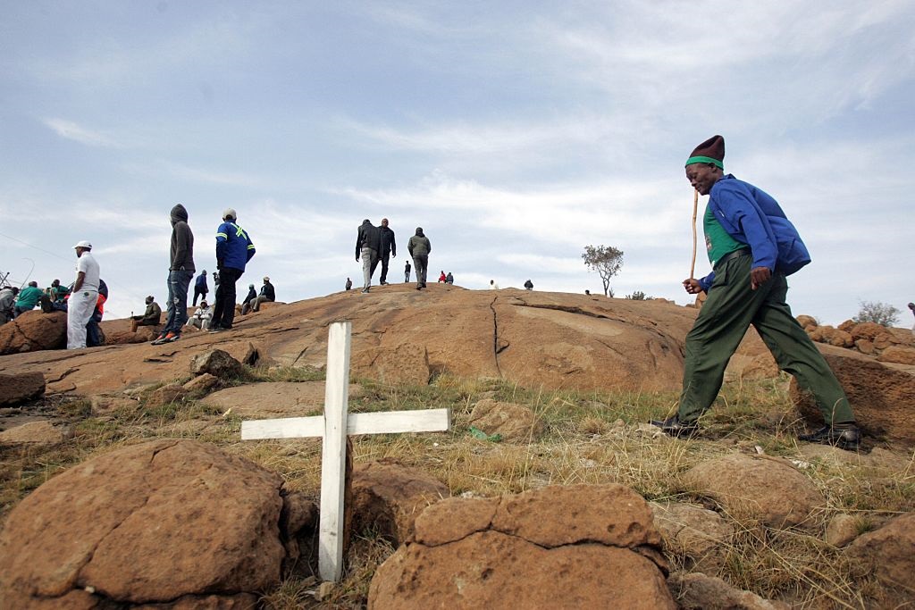 A cross of remembrance during the commemoration of the 2012 Marikana massacre in 2016.