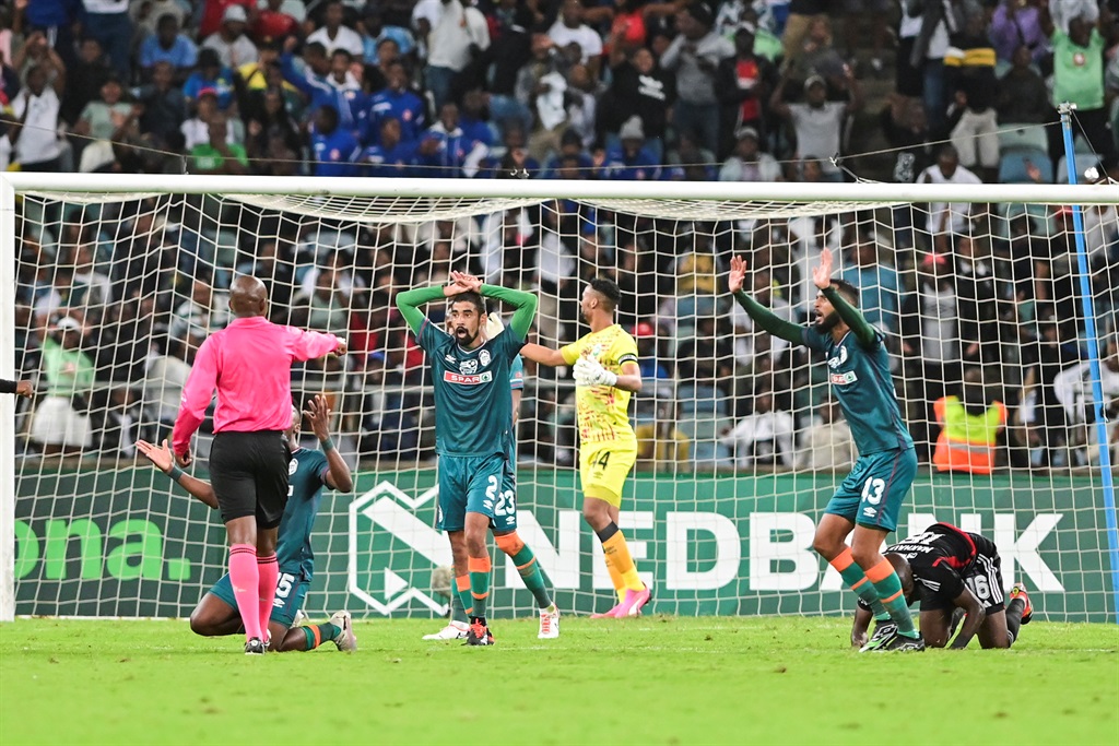 AmaZulu react as referee Masixole Babiso gives Orlando Pirates a penalty during the Nedbank Cup, Quarter Final match between AmaZulu FC and Orlando Pirates at Moses Mabhida Stadium on April 13, 2024 in Durban, South Africa. 
