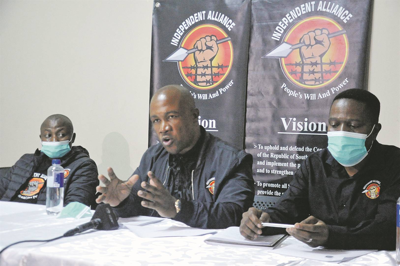 Independent Alliance leader Commie Nhleko (centre) is flanked by election coordinator Mbusiswa Madlala (left) and secretary Mduduzi Khanyile (right) during the launch of the new party.            Photo by Jabulani Langa