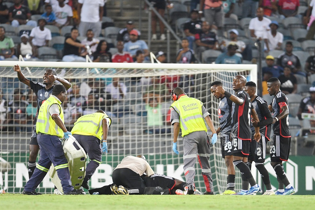 JOHANNESBURG, SOUTH AFRICA - MARCH 16: Makhehlene Makhaula of Orlando Pirates injured during the Nedbank Cup, Last 16match between Orlando Pirates and Hungry Lions at Orlando Stadium on March 16, 2024 in Johannesburg, South Africa. (Photo by Lefty Shivambu/Gallo Images)
