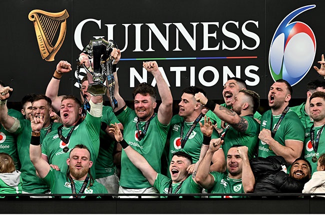 Peter O'Mahony of Ireland lifts the Six Nations Trophy following the team's victory during the Six Nations 2024 match in Dublin, Ireland. (Photo by Charles McQuillan/Getty Images)