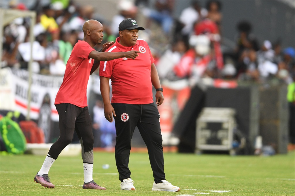 JOHANNESBURG, SOUTH AFRICA - MARCH 16: Hungry Lions coach Basie Hendry and his assistant Moses Spandeel during the Nedbank Cup, Last 16match between Orlando Pirates and Hungry Lions at Orlando Stadium on March 16, 2024 in Johannesburg, South Africa. (Photo by Lefty Shivambu/Gallo Images)