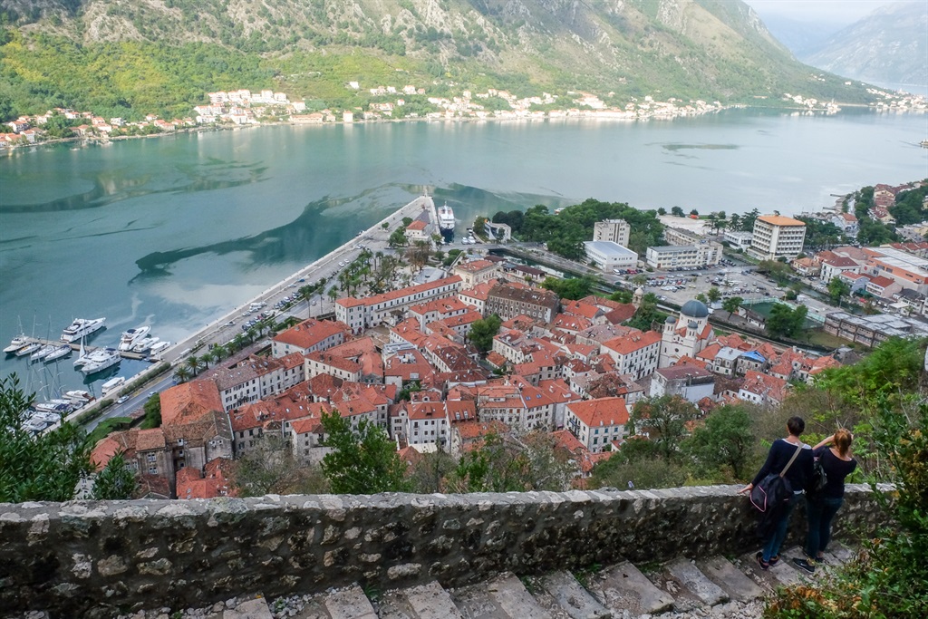 Aerial view of Kotor from the city steps above.  Ph.