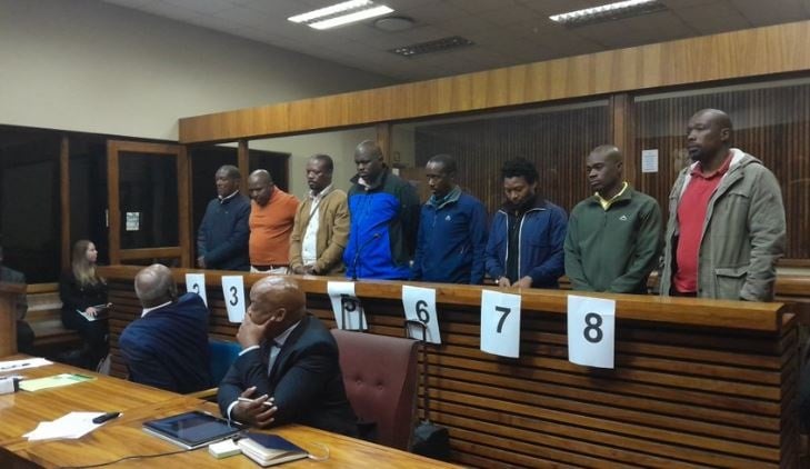 Eight members of Deputy President Paul Mashatile's VIP protection unit, implicated in an assault incident on the N1 in July 2023 in court. Photo by Zandile Khumalo