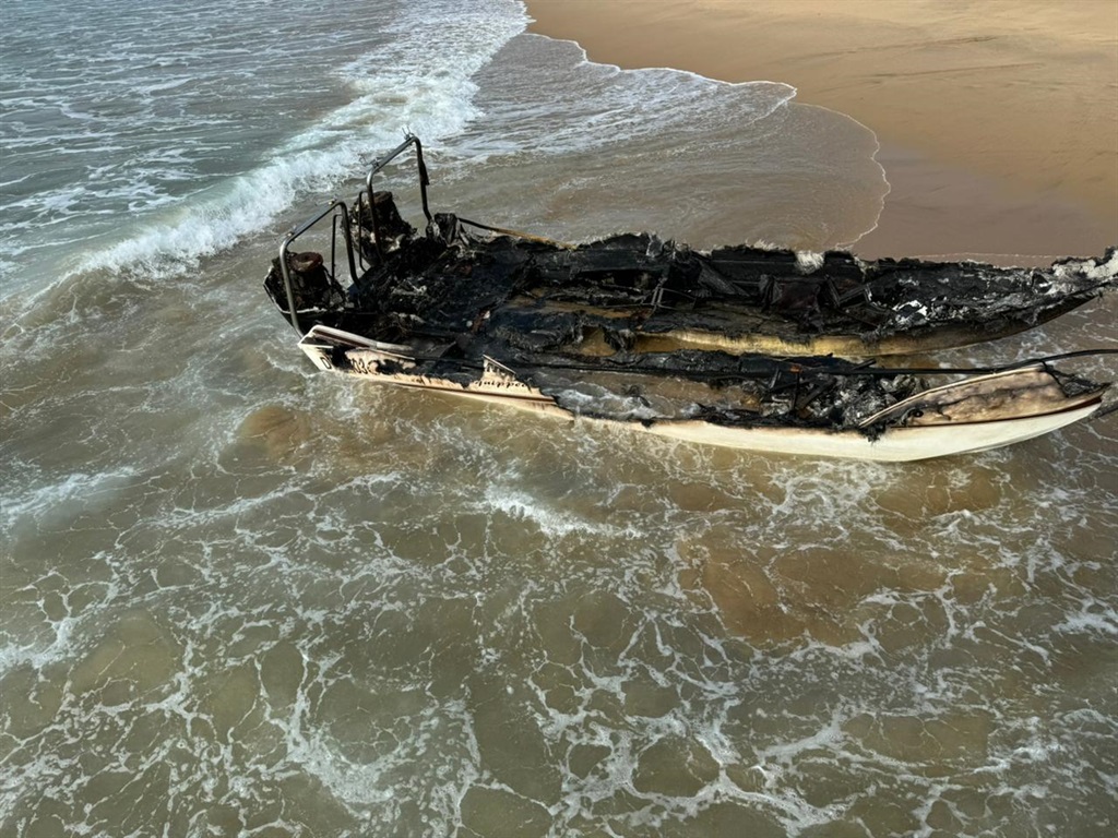 The charter ski boat, captained by a KwaZulu-Natal skipper, has been found wrecked and burnt out on the Mozambique coastline. (Supplied/NSRI)