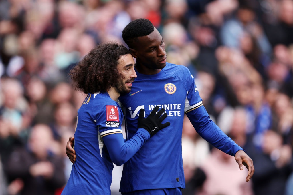 LONDON, ENGLAND - MARCH 17: Marc Cucurella of Chelsea celebrates scoring his teams first goal during the Emirates FA Cup Quarter Final between Chelsea FC and Leicester City FC at Stamford Bridge on March 17, 2024 in London, England. (Photo by Alex Pantling/Getty Images)