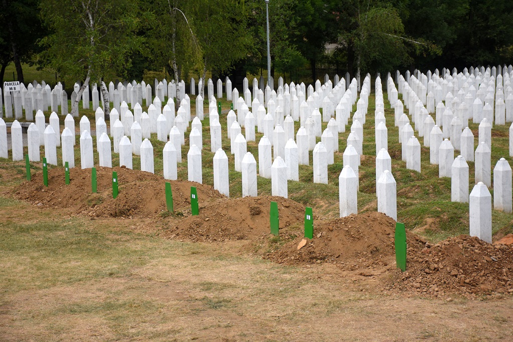 A view of Potocari cemetery after 19 victims of the Srebrenica Genocide, whose identities have been detected being buried in Srebrenica, Bosnia and Herzegovina on July 11, 2021. (Photo by Nihad Ibrahimkadic/Anadolu Agency via Getty Images)