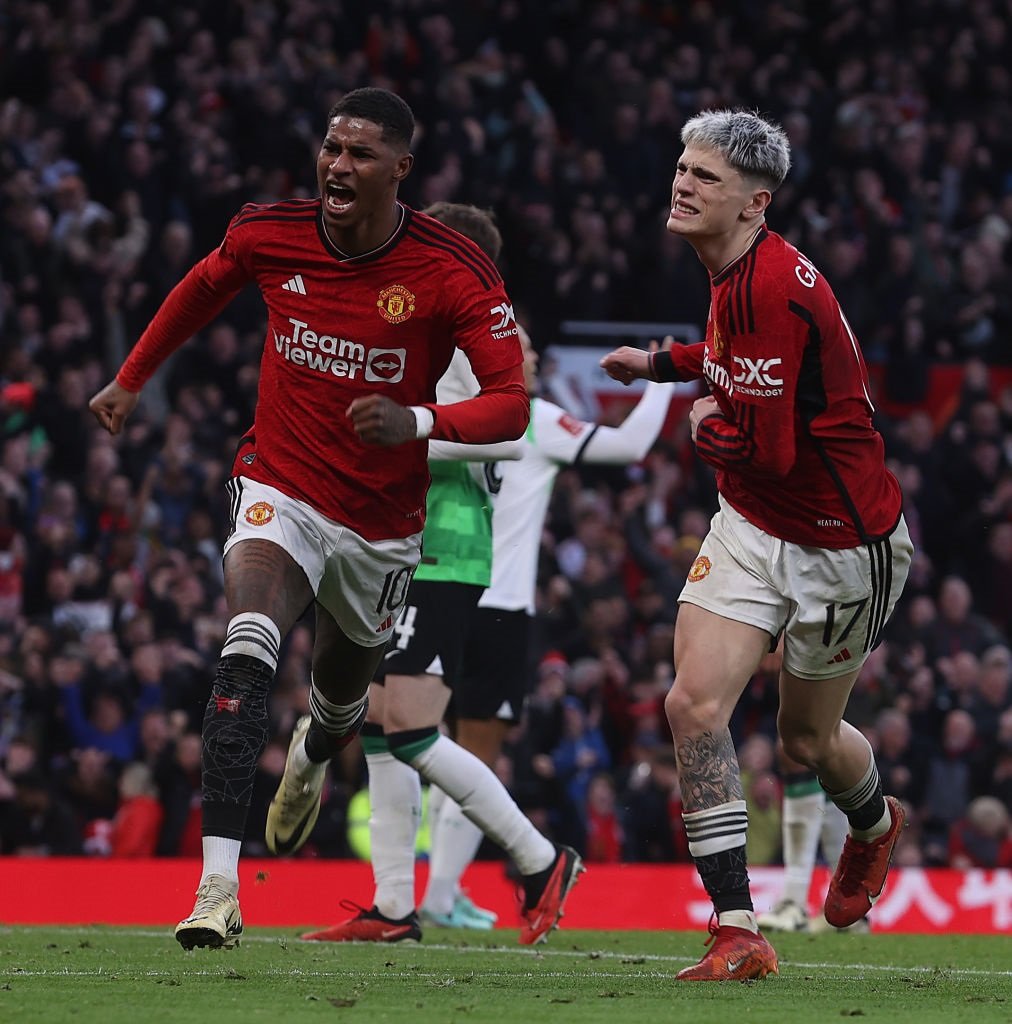 MANCHESTER, ENGLAND - MARCH 17: Marcus Rashford of Manchester United celebrates scoring their third goal during the Emirates FA Cup Quarter Final match between Manchester United and Liverpool at Old Trafford on March 17, 2024 in Manchester, England. (Photo by Matthew Peters/Manchester United via Getty Images)