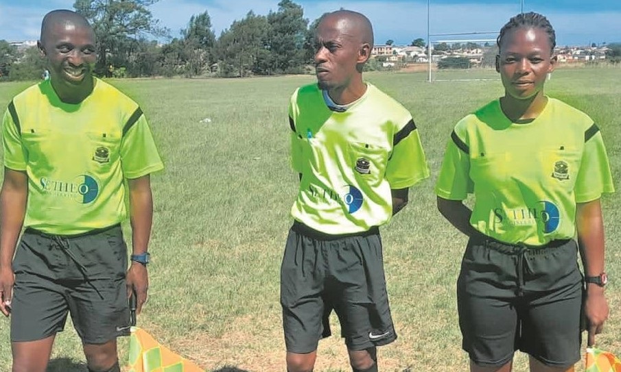 From the right, Anathi Zizipho Valashiya standing with others match officials before final game in Nozulu Youth Legacy Cup at WSU bika campus last month. 