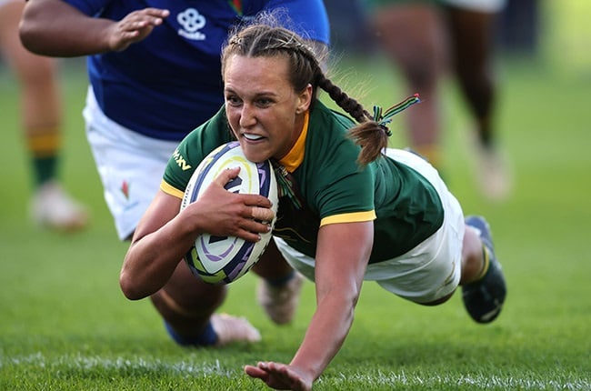 Libbie Janse van Rensburg dives over to score her third try during the WXV 2 match between the Springbok Women and Samoa in Athlone. (Shaun Roy/Gallo Images)