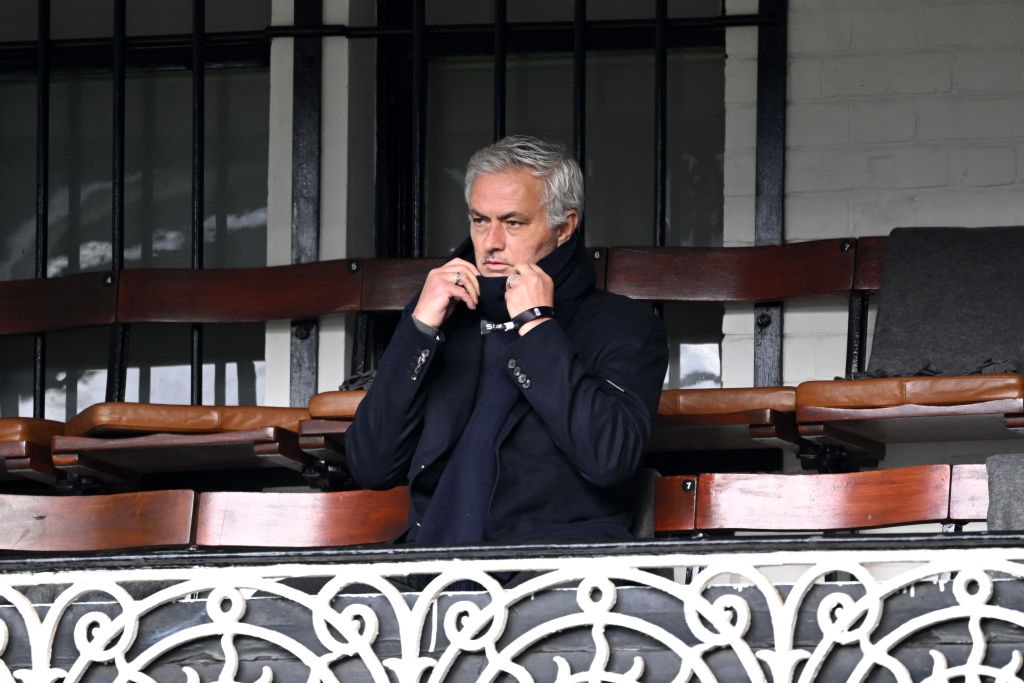 LONDON, ENGLAND - APRIL 21: Jose Mourinho looks on from the stands during the Premier League match between Fulham FC and Liverpool FC at Craven Cottage on April 21, 2024 in London, England. (Photo by Justin Setterfield/Getty Images)
