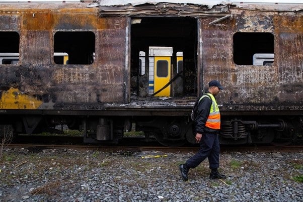 Burnt out trains at the Paarden Eilend Depot in Cape Town. (Archive photo: Ashraf Hendricks/GroundUp)