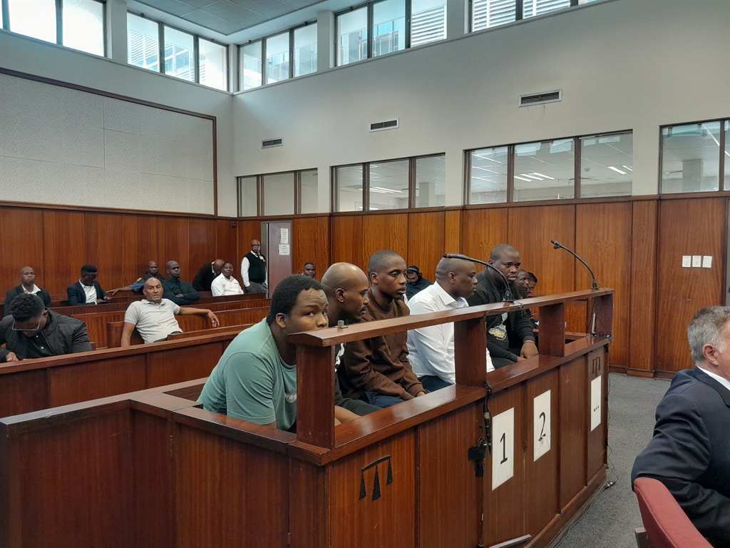 The five accused who are linked to the murders of Kiernan 'AKA' Forbes and Tebello 'Tibz' Motsoane inside the Durban Magistrates Court.  Photo by Mbali Dlungwana 
