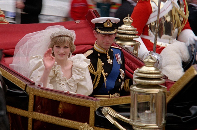 Princess Diana and Prince Charles during the carriage procession following their wedding ceremony.
