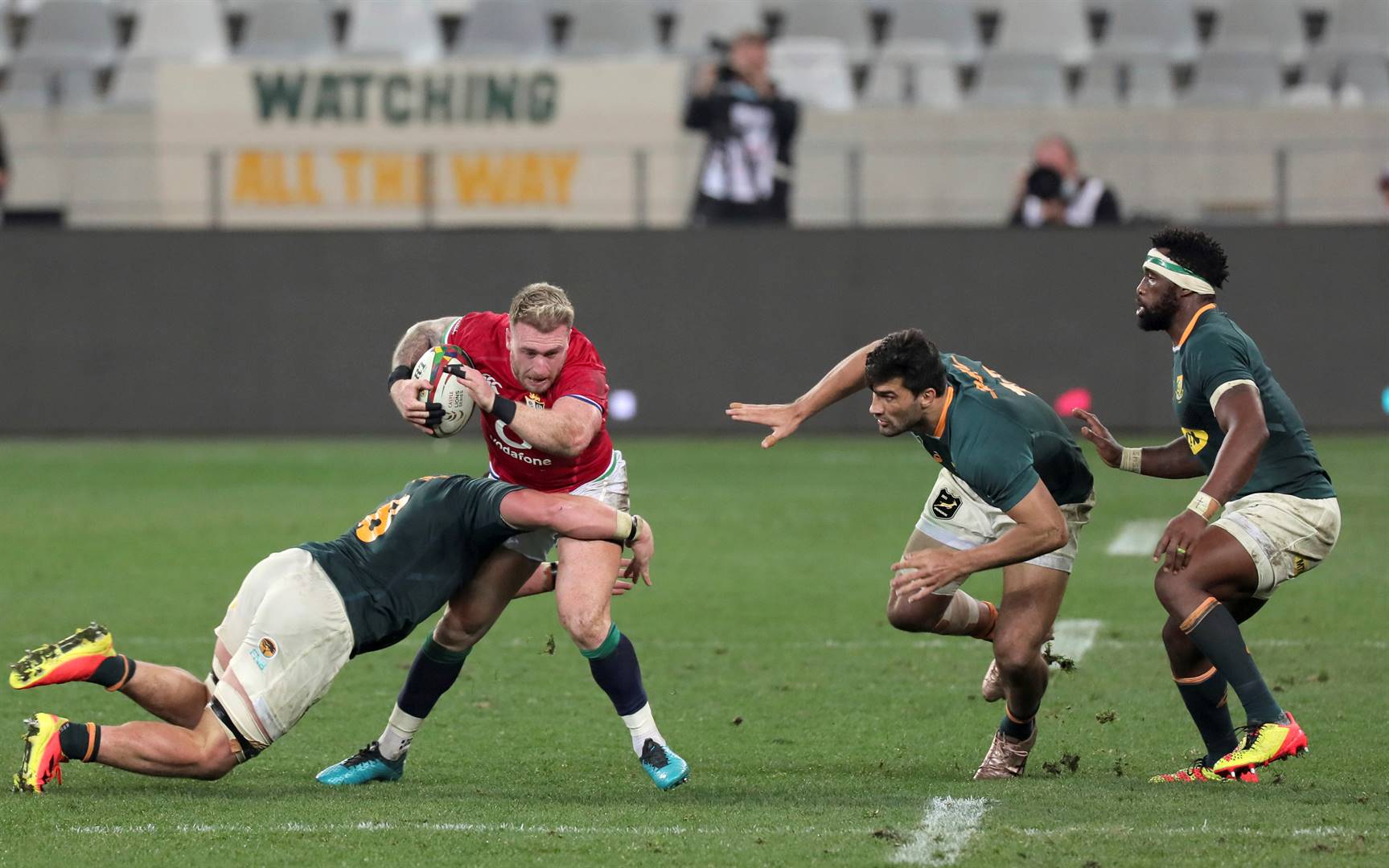 British & Irish Lions’ Stuart Hogg is stopped in his tracks by South Africa’s Jasper Wiese during their second test at Cape Town Stadium on Saturday. Photo: Halden Krog/AP Photo