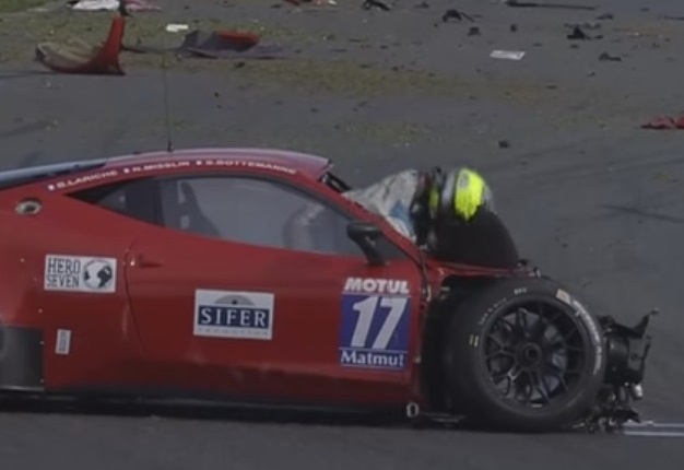 <B>HUGE CRASH</B> After a failed attempt to pass his team mate, Sacha Bottemanne instead met with a wall at around 230km/h. <I>Image: YouTube</I>