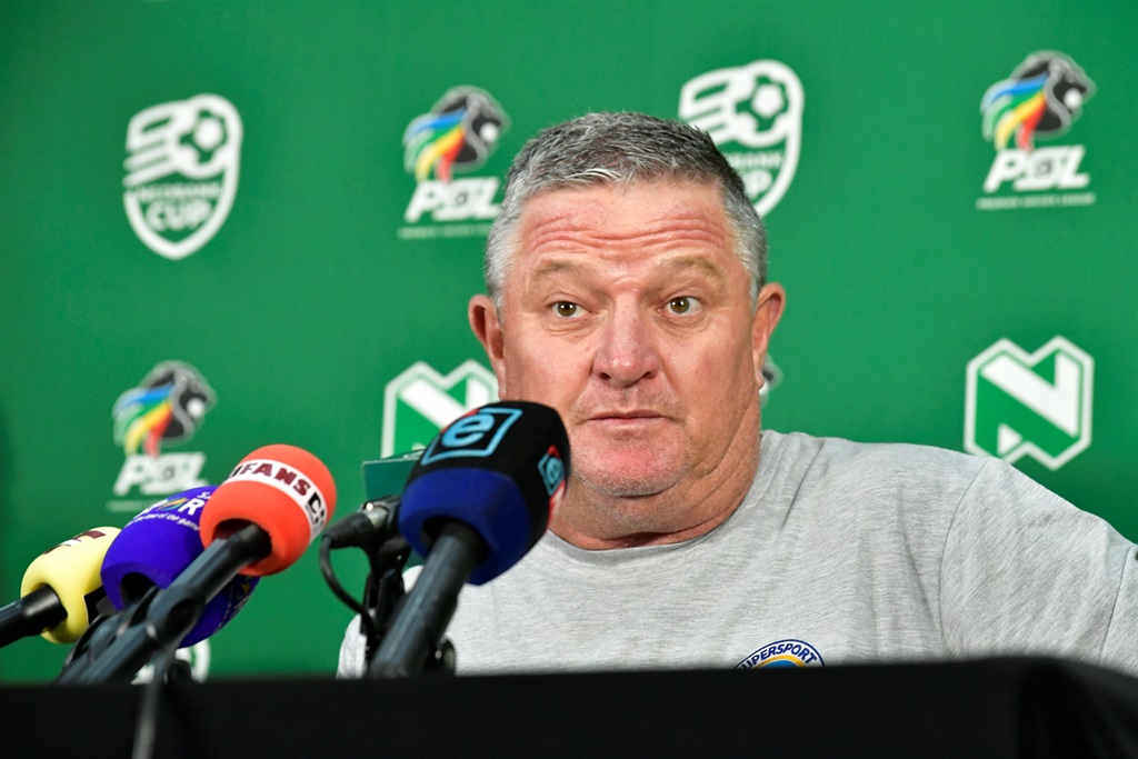 JOHANNESBURG, SOUTH AFRICA - FEBRUARY 19: Gavin Hunt (coach) of SuperSport United during the SuperSport United press conference at PSL Head Quarters on February 19, 2024 in Johannesburg, South Africa.