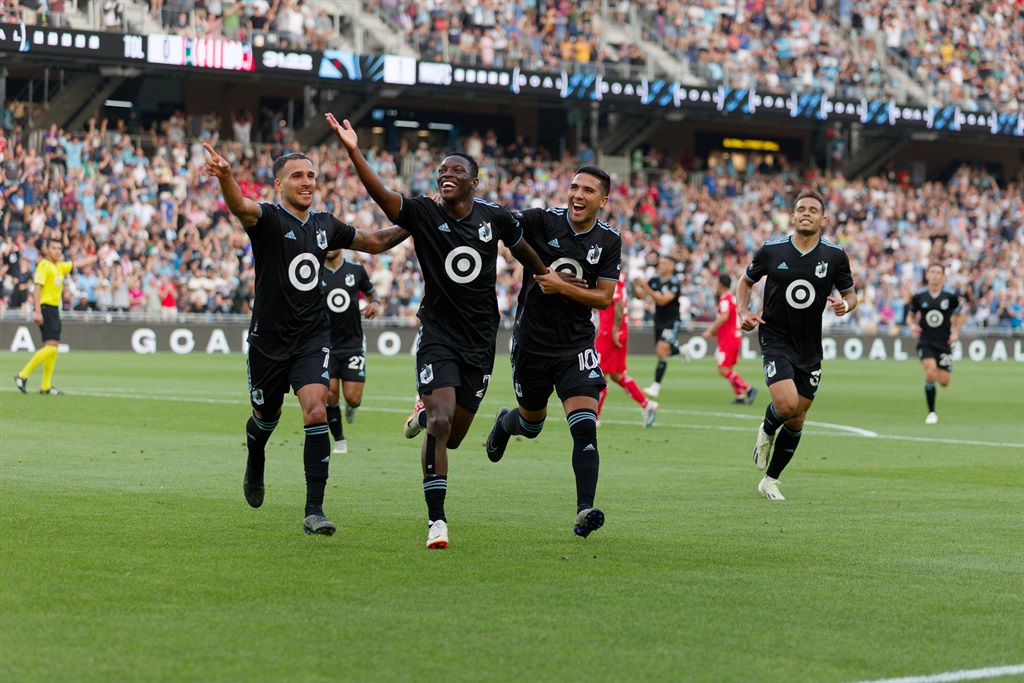 Bongokuhle Hlongwane #21 of Minnesota United FC celebrates his goal during Leagues Cup 2023 Round of 16 game between Toluca and Minnesota United FC at Allianz Field on August 8, 2023 in St. Paul, Minnesota. 