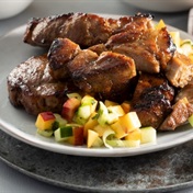 Pork neck steaks with sticky peach barbecue sauce and nectarine salsa