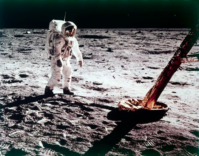 Buzz Aldrin near the leg of the Lunar Module on the Moon, Apollo 11 mission, July 1969. The Apollo 11 Lunar Module, code named Eagle, with US astronauts Neil Armstrong and Buzz Aldrin on board, landed in the Sea of Tranquillity on 20 July 1969. Apollo 11 was the fifth manned Apollo mission, and was the first to land on the Moon. (Photo: Neil Armstrong/Heritage Space/Heritage Images/Getty Images)