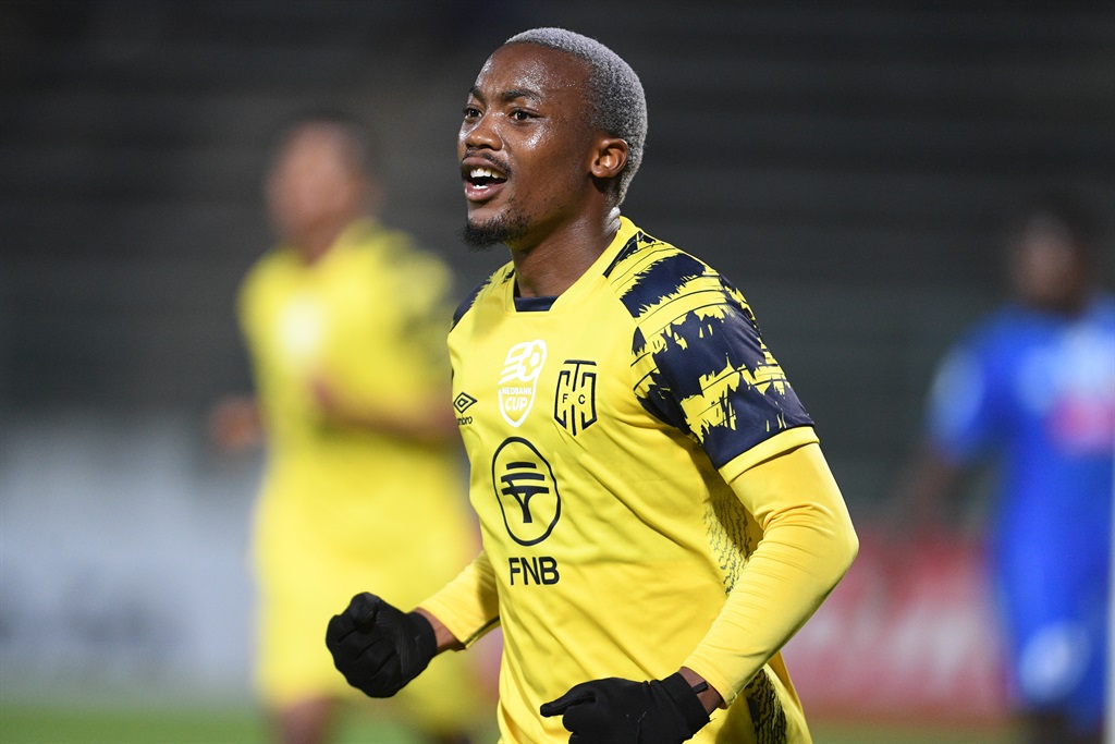 PRETORIA, SOUTH AFRICA - FEBRUARY 20: Khanyisa Mayo of Cape Town City celebrates his goal during the Nedbank Cup, Last 32 match between SuperSport United and Cape Town City FC at Lucas Moripe Stadium on February 20, 2024 in Pretoria, South Africa. (Photo by Lefty Shivambu/Gallo Images)