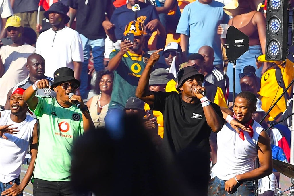 TKZee perform during the DStv Premiership match between Orlando Pirates and Kaizer Chiefs at the FNB Stadium on 9 March 2024 in Johannesburg, South Africa. 