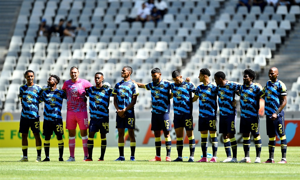Cape Town City lining up before thei DStv Premiership match against Cape Town Spurs at the DHL Cape Town Stadium on 31 December 2023 in Cape Town, South Africa. 