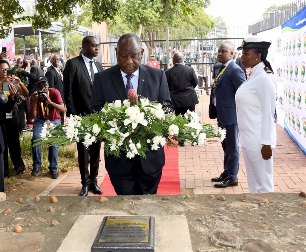 President Cyril Ramaphosa
 lays a wreath at the Sharpeville Memorial site  in honour of the fallen victims who embarked in protest marches around the country against pass laws.