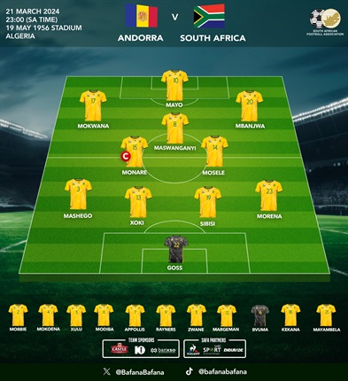 <p><strong><span style="text-decoration:underline;">Bafana Bafana XI</span></strong></p><p>Sibisi and Morena are the only surviving starters from their Bafana's last match against DR Congo in Afcon's third-place playoff in February.</p><p>A strong Orlando Pirates contingent with a centre-back pairing of Xoki and Sibisi, while Monare and Maswanganyi are thrust in the midfield, with the latter playing more advanced.</p><p>Cape Town City's Mayo is leading the attack, flanked by Mokwana and Mbanjwa.</p><p>A different but exciting lineup from Broos.&nbsp;</p>