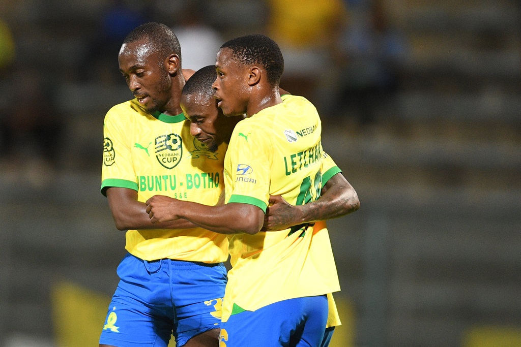 Sundowns players celebrating a goal during the Nedbank Cup, Last 16 match against Maritzburg United at the Lucas Masterpieces Moripe Stadium in Pretoria on 17 March 2024 in Pretoria, South Africa. 