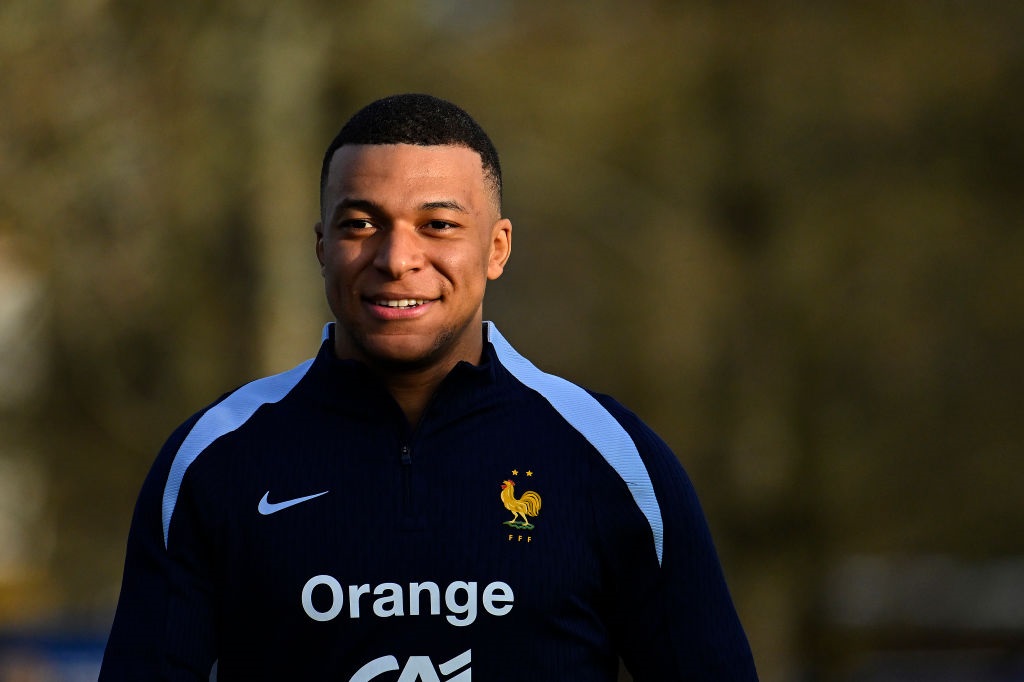 CLAIREFONTAINE-EN-YVELINES, FRANCE - MARCH 19: Kylian Mbappe looks on during a France training session as part of the French national teams preparation for upcoming friendly football matches at Centre National du Football on March 19, 2024 in Clairefontaine-En-Yvelines, France. (Photo by Aurelien Meunier/Getty Images)