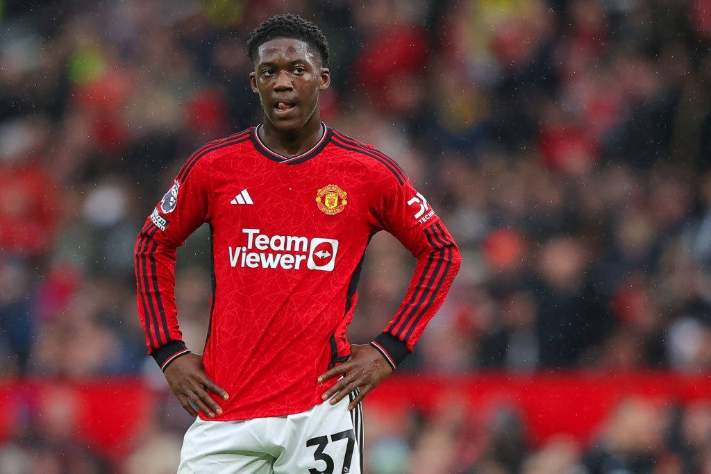 MANCHESTER, ENGLAND - FEBRUARY 24: Kobbie Mainoo of Manchester United looks dejected during the Premier League match between Manchester United and Fulham FC at Old Trafford on February 24, 2024 in Manchester, England. (Photo by James Gill - Danehouse/Getty Images)