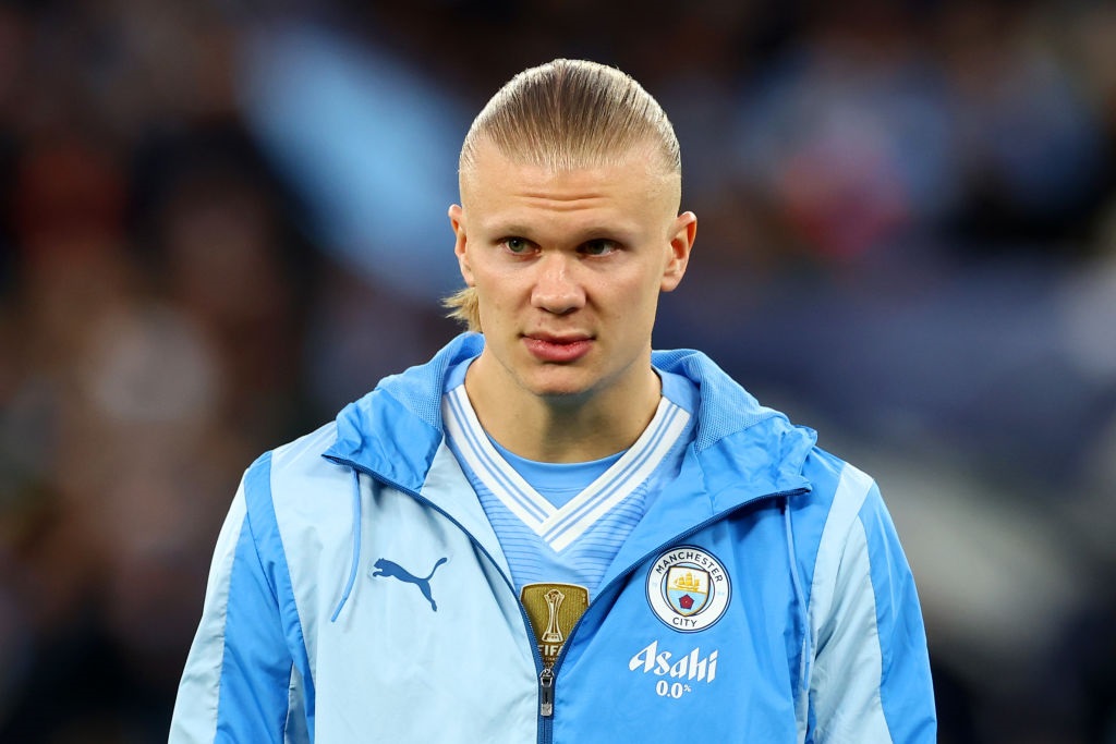 MANCHESTER, ENGLAND - MARCH 16: Erling Haaland of Manchester City looks on during the Emirates FA Cup Quarter Final match between Manchester City and Newcastle United at Etihad Stadium on March 16, 2024 in Manchester, England. (Photo by Chris Brunskill/Fantasista/Getty Images)