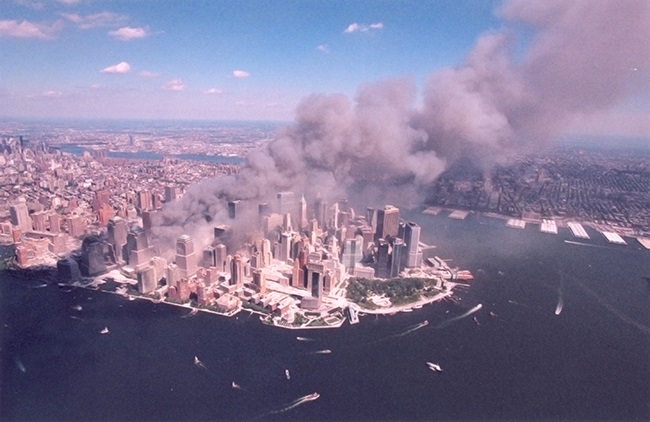 An aerial view of ground zero burning after the Se