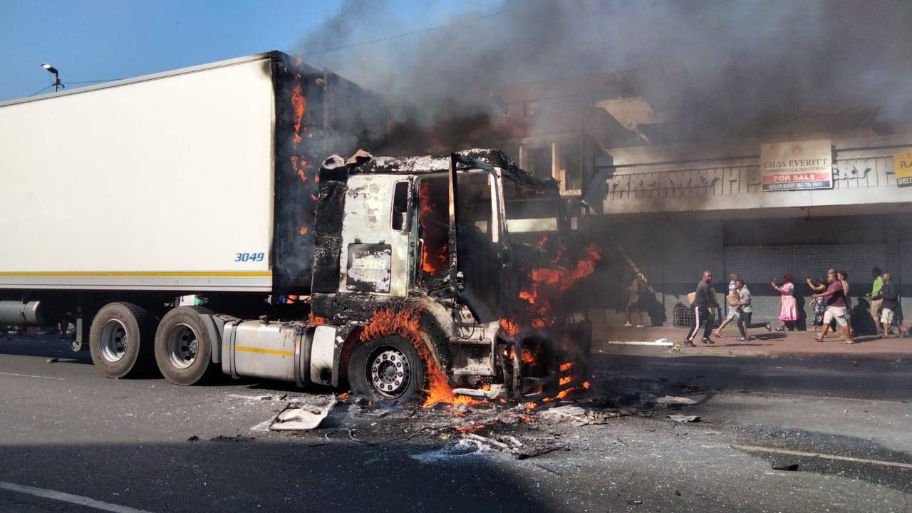 One of the trucks that were set on fire during the riots in Durban in July.  