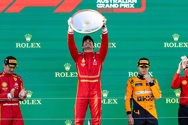 Ferrari’s Carlos Sainz celebrates after winning the Australian Grand Prix at Albert Park Circuit in Melbourne on 24 March 2024. (Kym Illman/Getty Images)