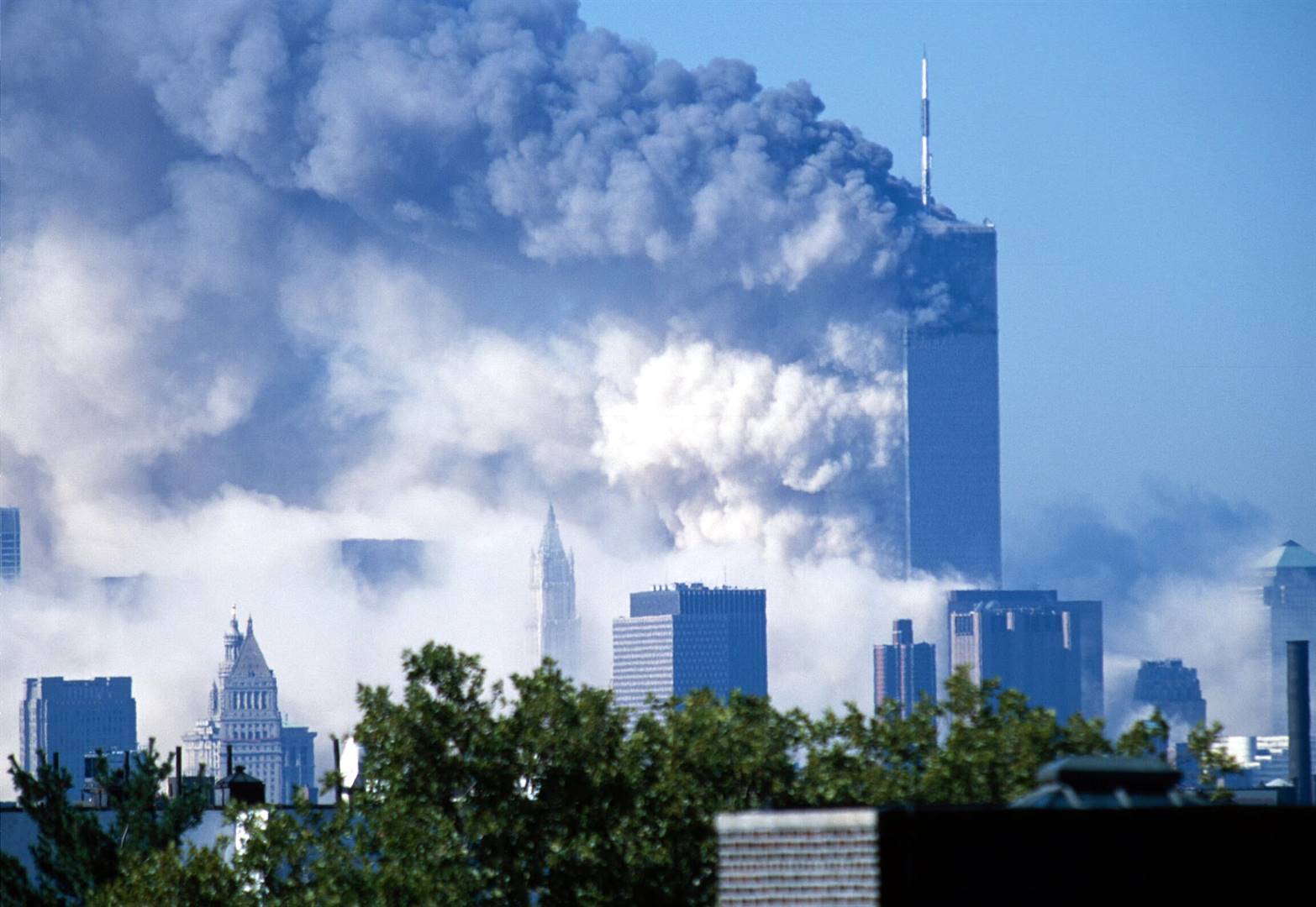 Die aanval van 11 September 2001 in New York wat die wêreld sy asem laat ophou het.   Foto: Getty Images