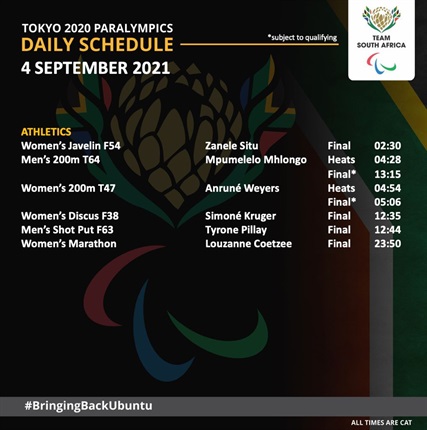 Team SA's schedule for Saturday, 4 September: