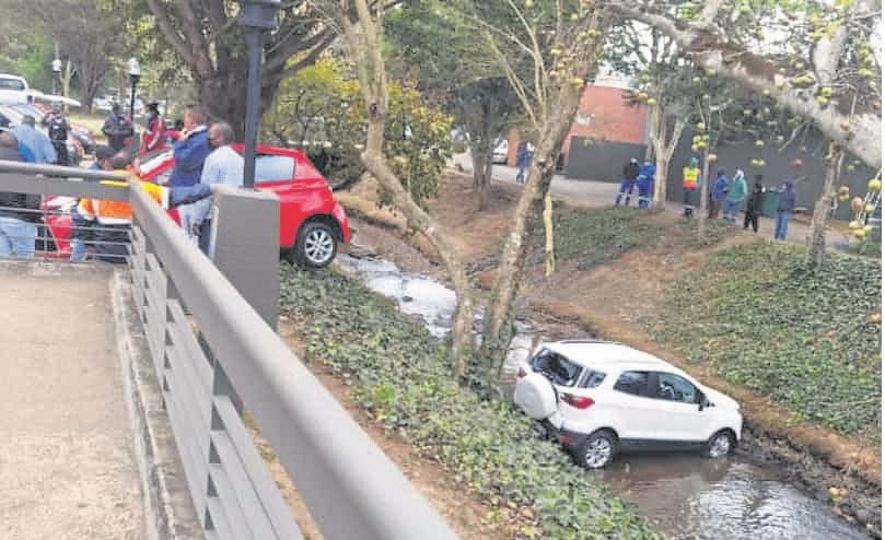 The SUV which landed in the in the stream at Cascades Lifestyle Centre this week.
