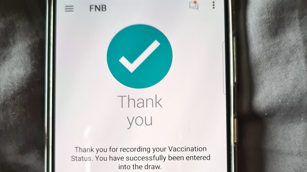 The confirmation page for FNB's vaccine draw.