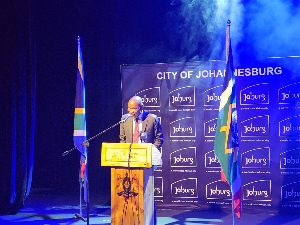 Johannesburg executive mayor Kabelo Gwamanda during his address at the Joburg Theatre. (Alex Patrick/News24)