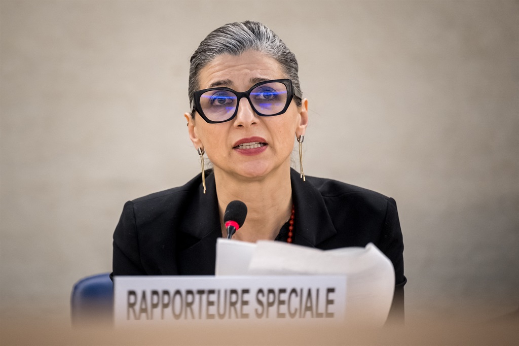 UN Special Rapporteur on the Rights Situation in the Palestinian Territories, Francesca Albanese, delivers her rapport during a session of the UN Human Rights Council, in Geneva, on 26 March 2024. (Fabrice COFFRINI / AFP)