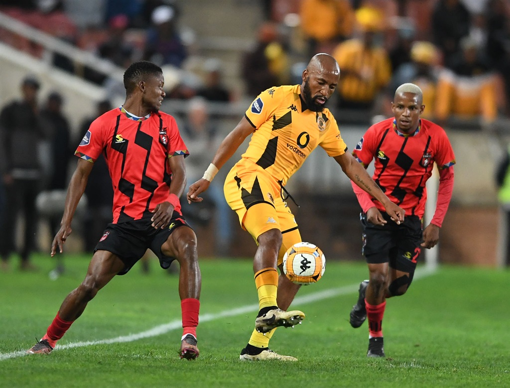 POLOKWANE, SOUTH AFRICA - MAY 07: Sibongiseni Mthethwa of Kaizer Chiefs and Sphiwe Mahlangu of TS Galaxy during the DStv Premiership match between Kaizer Chiefs and TS Galaxy at Peter Mokaba Stadium on May 07, 2024 in Polokwane, South Africa. (Photo by Philip Maeta/Gallo Images)