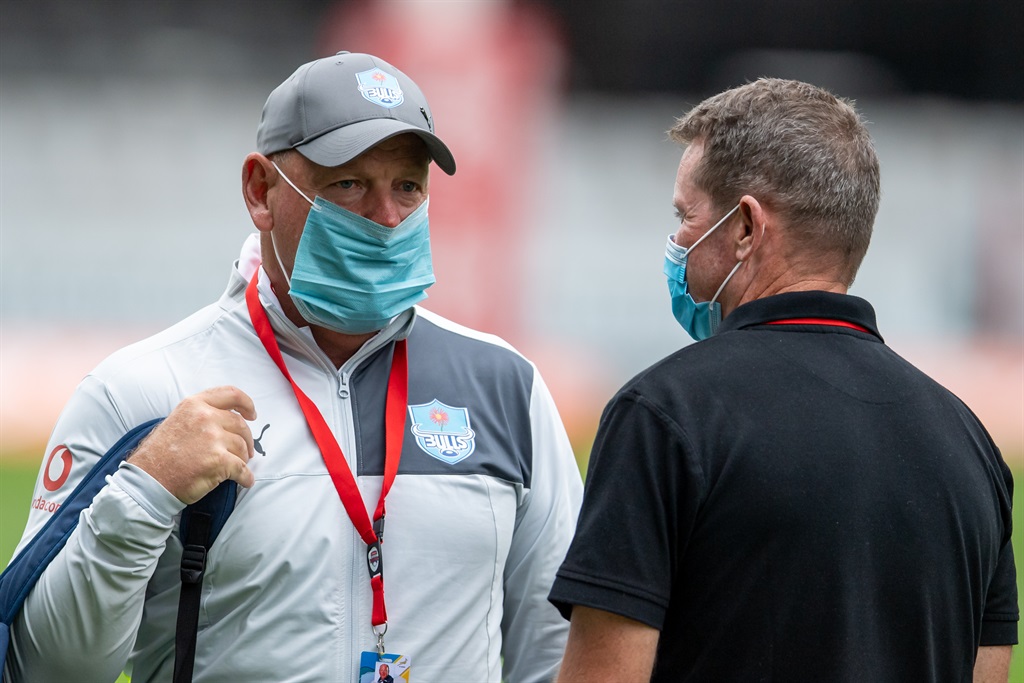 DURBAN, SOUTH AFRICA - DECEMBER 12: Jake White talking to the Sharks coach Sean Everitt before the Carling Currie Cup match between Cell C Sharks and Vodacom Bulls at Johnson Kings Park Stadium on December 12, 2020 in Durban, South Africa. (Photo by Anton Geyser/Gallo Images)