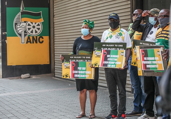 ANC staff picketing outside Albert Luthuli House in Johannesburg earlier this month. (Photo by Sharon Seretlo/Gallo Images via Getty Images)