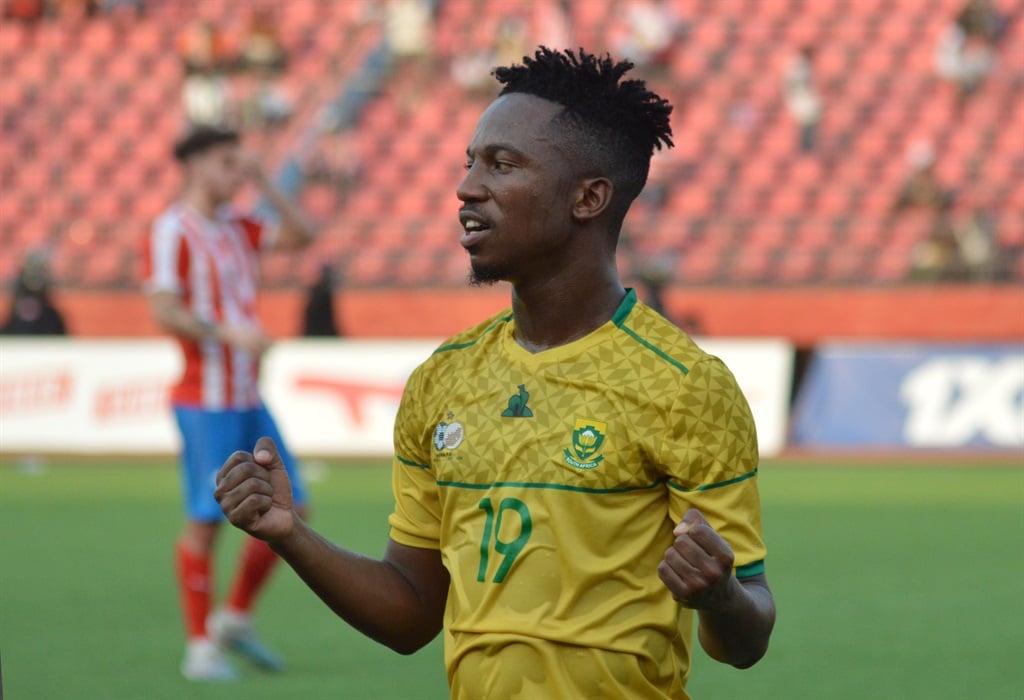 Cassius Mailula of South Africa celebrates victory after the 2023 African Cup of Nations Qualifier game between Liberia and South Africa at Samuel Kanyon Doe Sports Complex in Monrovia, Liberia on 28 March 2023  